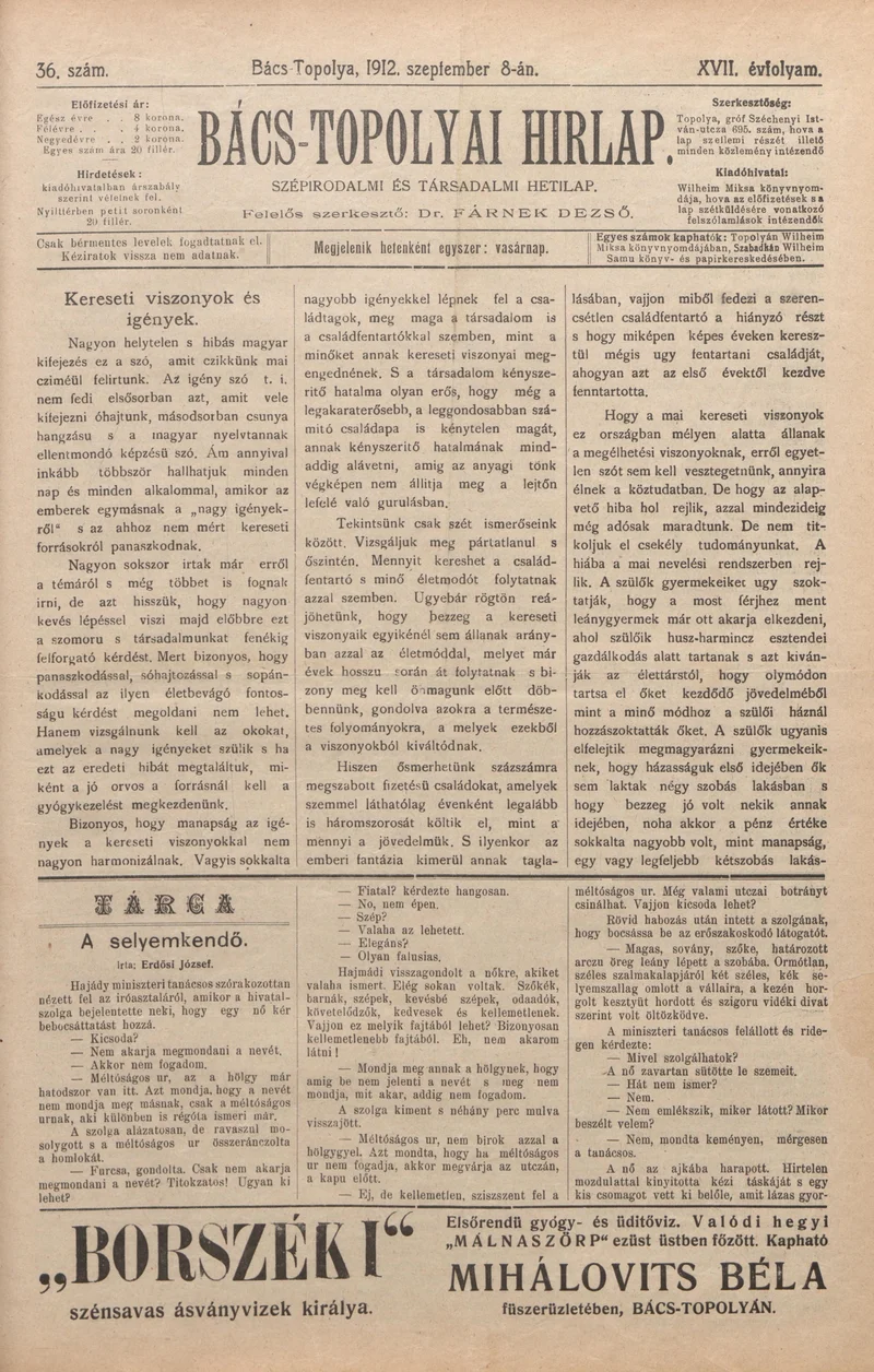Bács-Topolyai Hirlap, 17. évf. 1912. szeptember 8. 36. sz.
