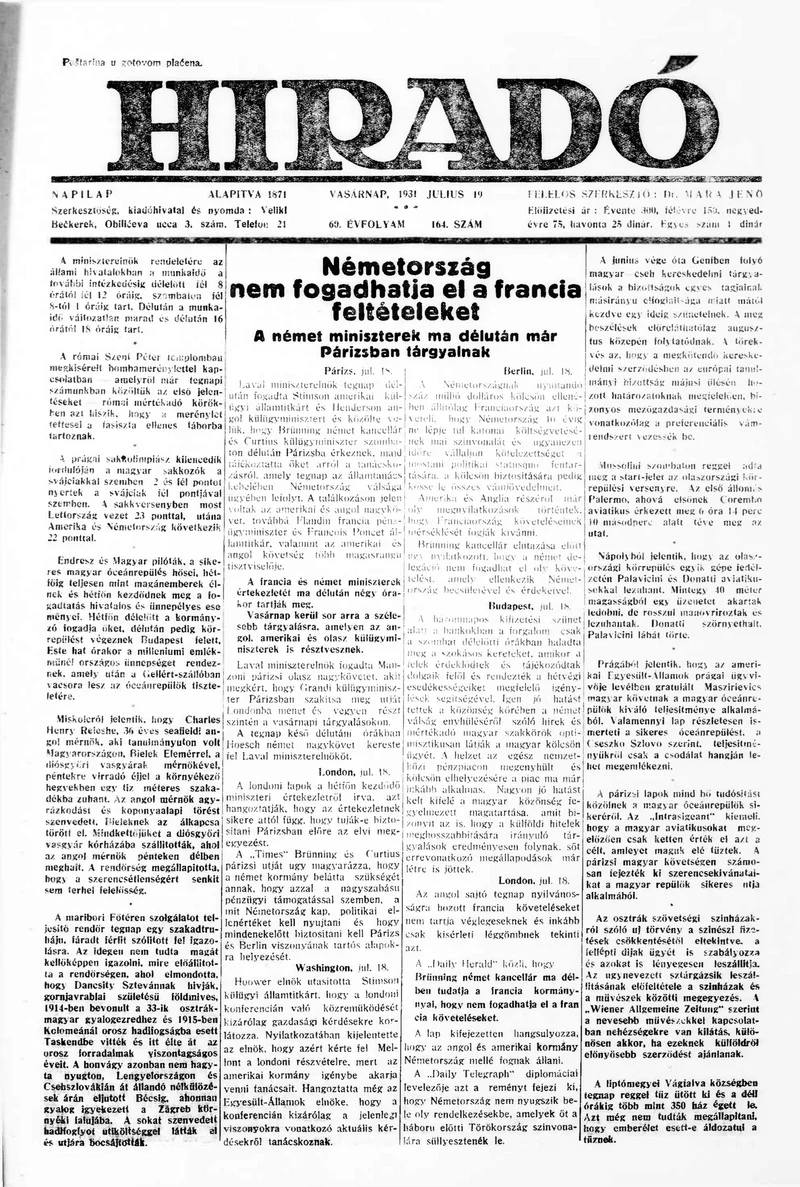 Híradó, 60. évf. 1931. július 19. 164. sz.
