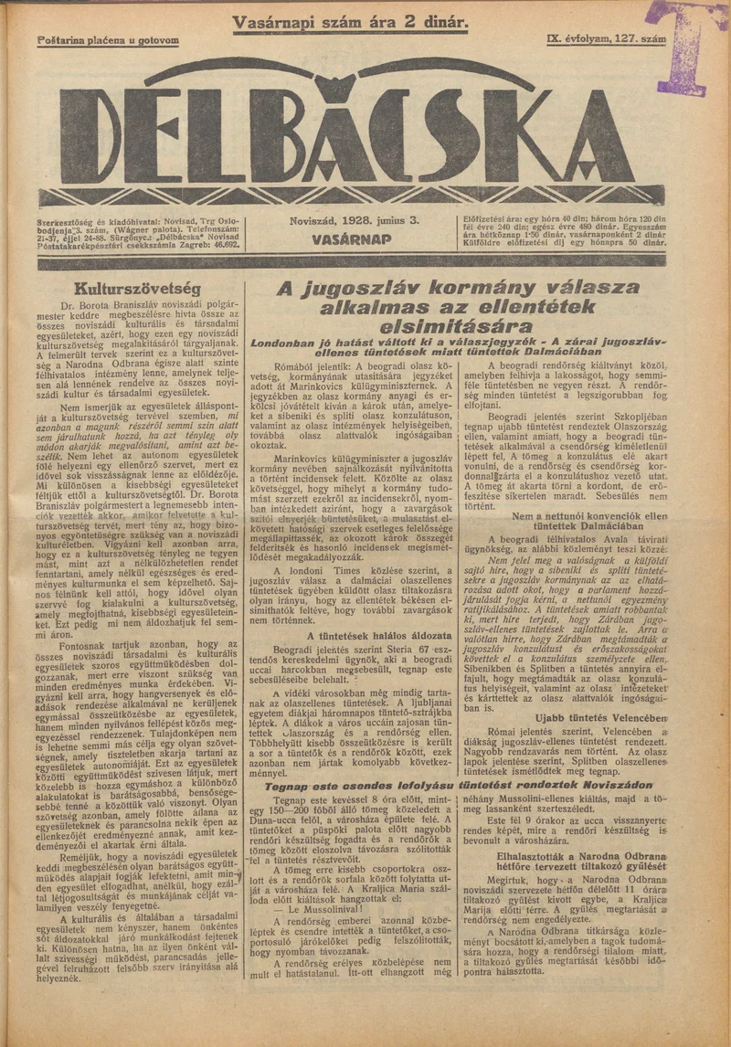Délbácska, 9. évf. 1928. június 3. 127. sz.