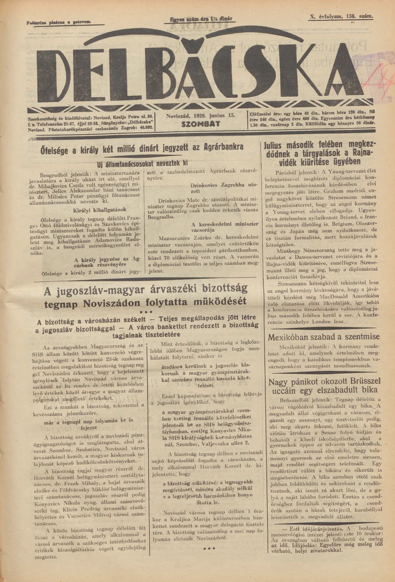 Délbácska, 10. évf. 1929. június 15. 138. sz.