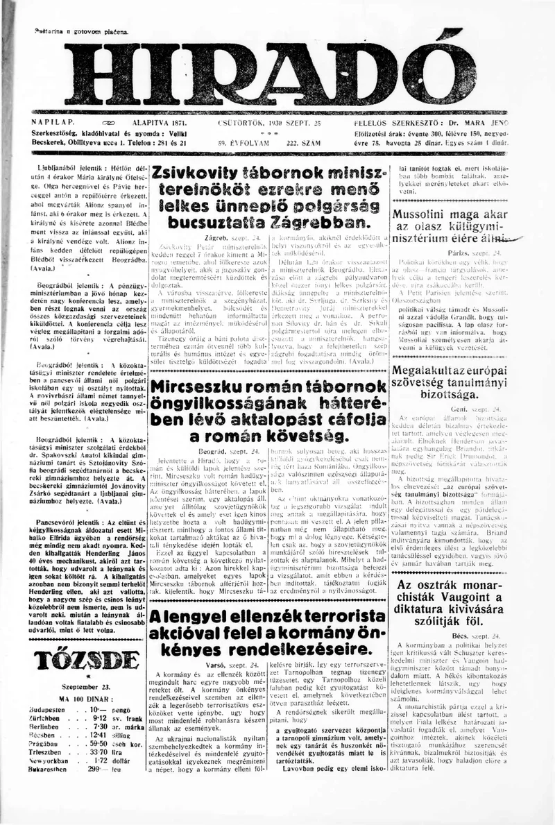 Híradó, 59. évf. 1930. szeptember 25. 222. sz.