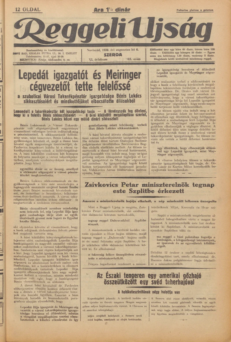 Reggeli Újság, 11. évf. 1930. augusztus 6. 181. sz.