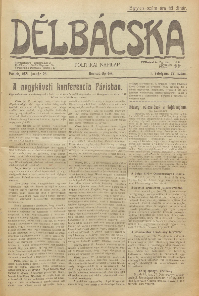 Délbácska, 2. évf. 1921. január 28. 22. sz.