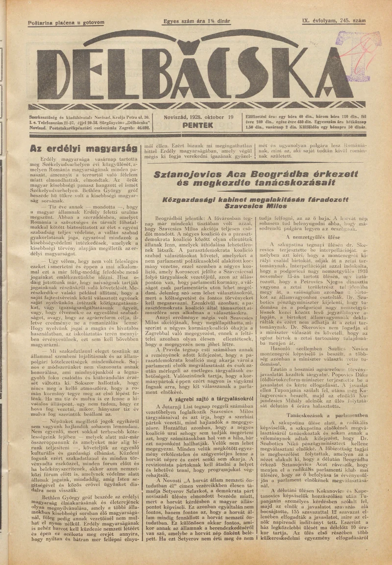 Délbácska, 9. évf. 1928. október 19. 245. sz.