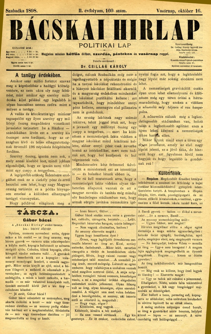 Bácskai Hirlap, 2. évf. 1898. október 16. 160. sz. 1–4. oldal