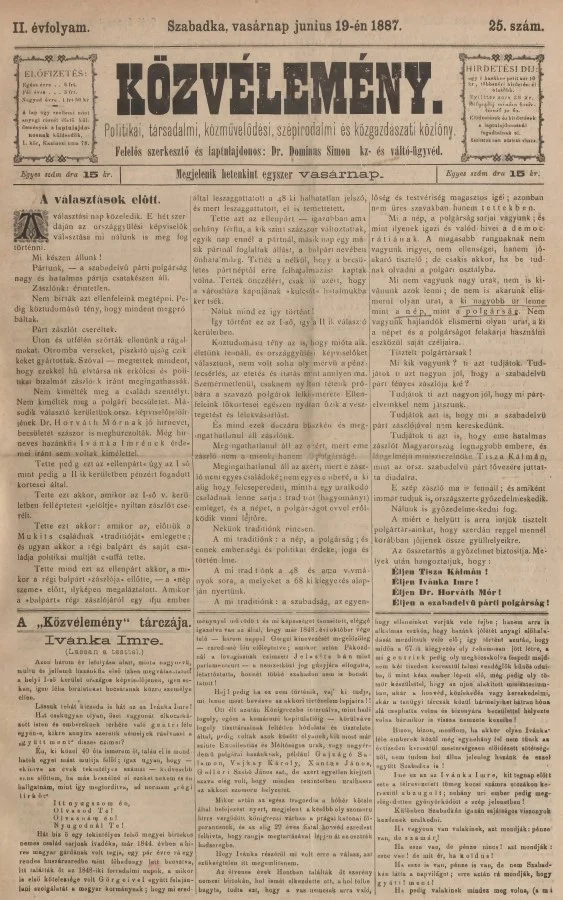 Közvélemény, 2. évf. 1887. június 19. 25. sz.