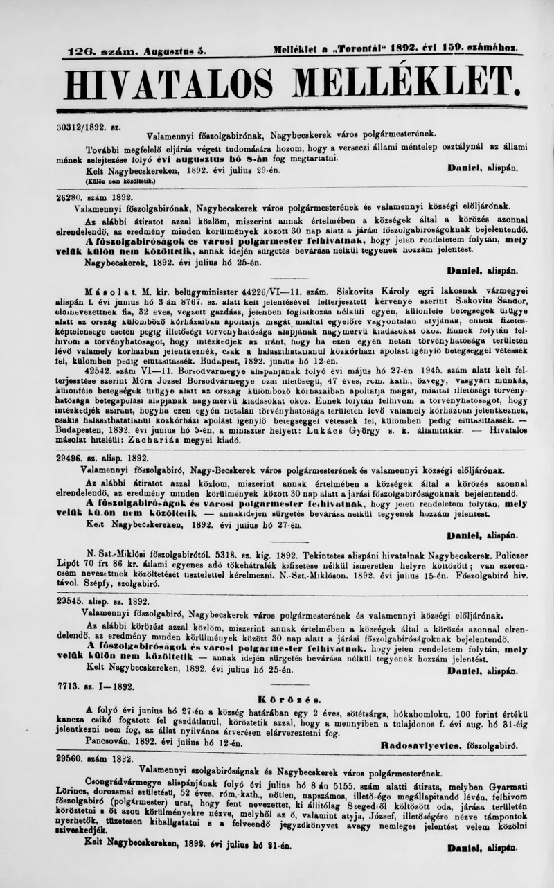 A Totontál  hivatalos melléklete, 5. évf. 1892. augusztus 6. 127. sz.