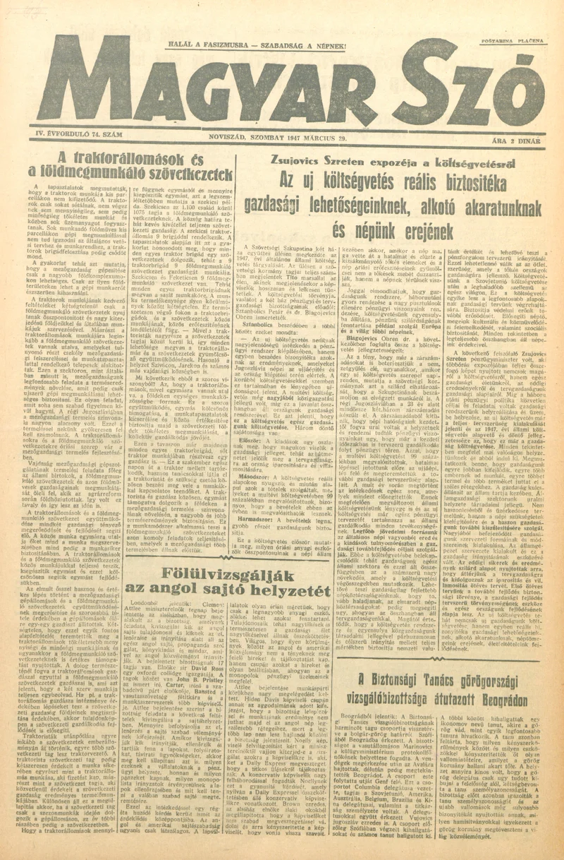 Magyar Szó, 4. évf. 1947. március 29. 74. sz. 1–6. oldal