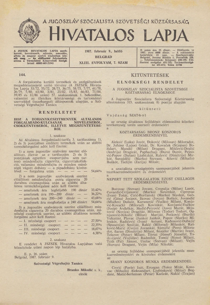 A Jugoszláv Szocialista Szövetségi Köztársaság Hivatalos Lapja, 43. évf. 1987. február 9. 7. sz. 221–224. oldal
