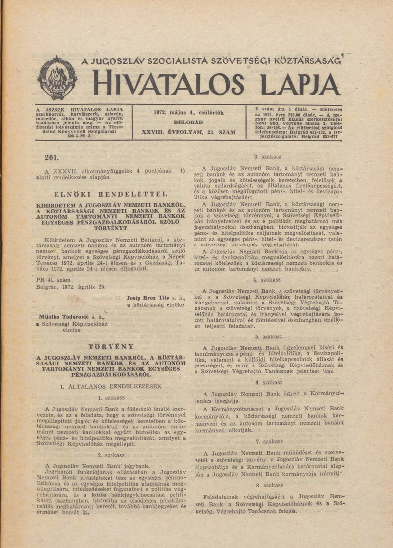 A Jugoszláv Szocialista Szövetségi Köztársaság Hivatalos Lapja, 28. évf. 1972. május 4. 23. sz. 429–456. oldal