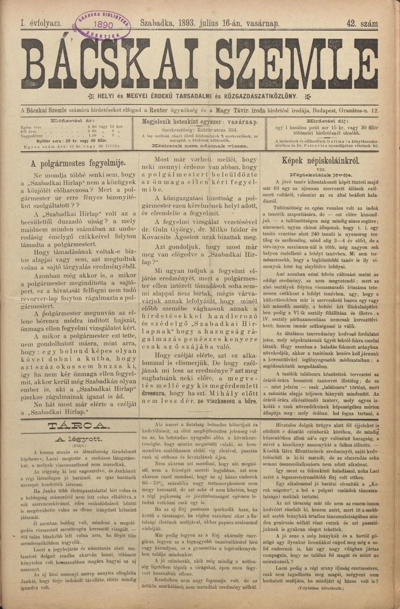 Bácskai Szemle, 1. évf. 1893. július 16. 42. sz.