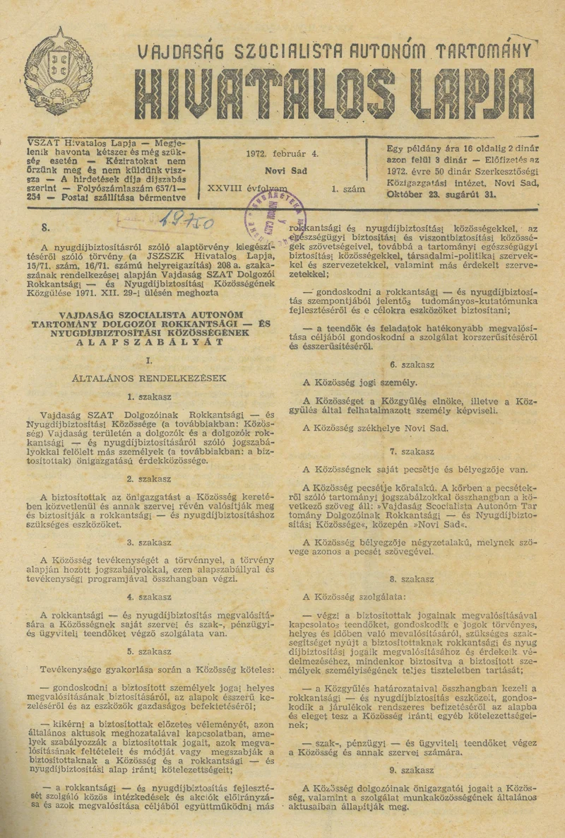 Vajdaság Szocialista Autonóm Tartomány Hivatalos Lapja, 28. évf. 1972. február 4. 1. sz. 1–12. oldal