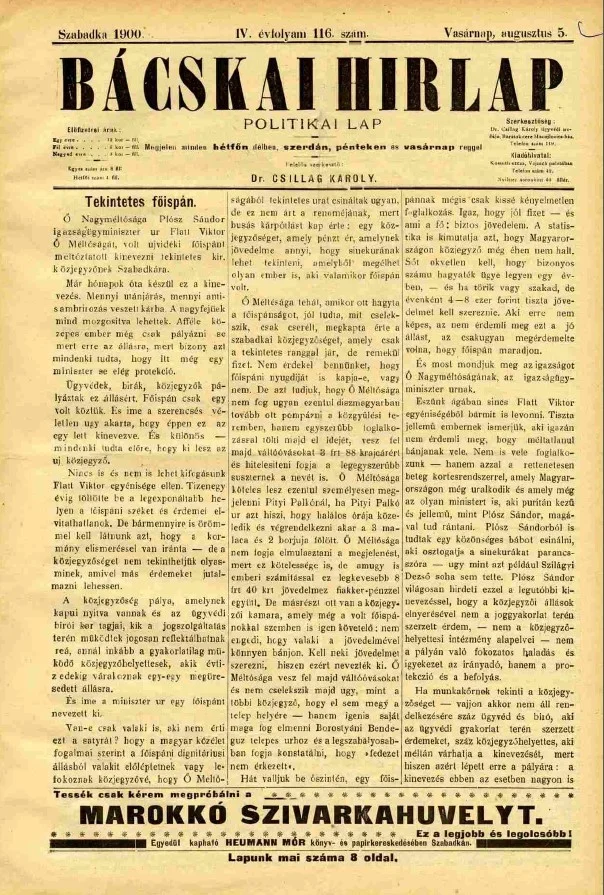 Bácskai Hirlap, 4. évf. 1900. augusztus 5. 116. sz.