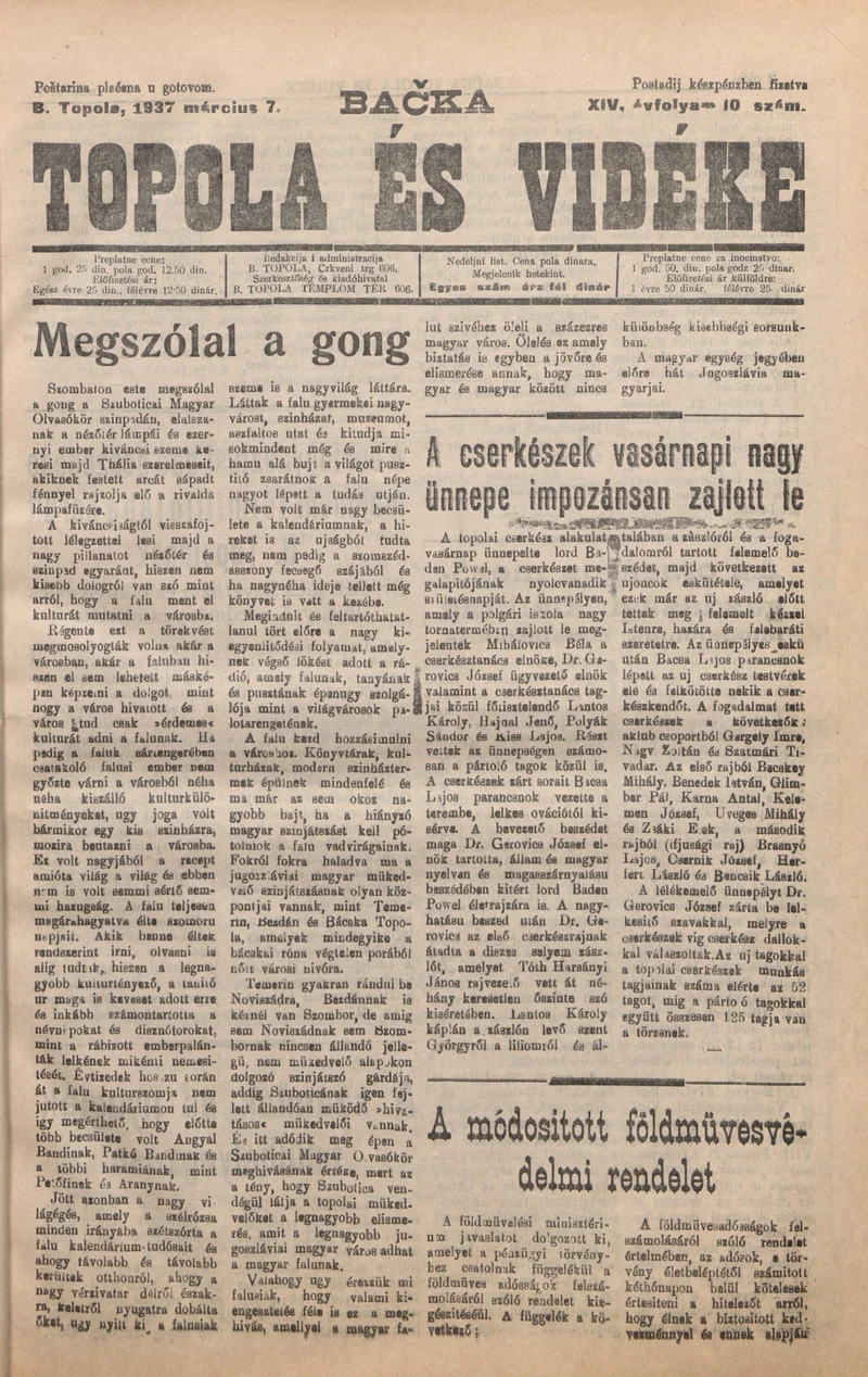 Bačka Topola és Vidéke, 14. évf. 1937. március 7. 10. sz.