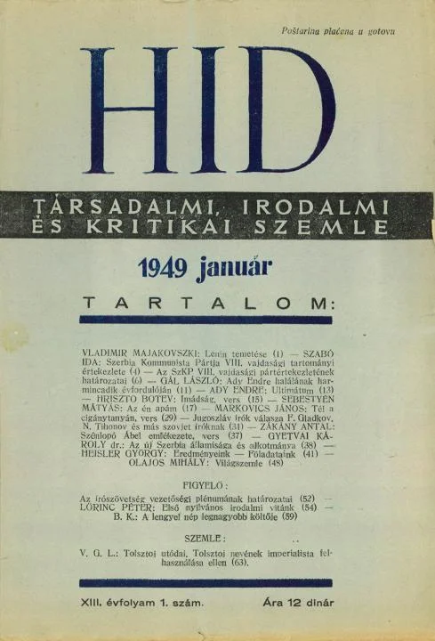 Híd, 13. évf. 1949. január. 1. sz. 1–64. oldal