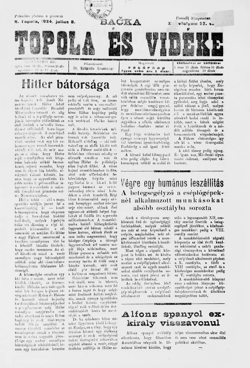 Bačka Topola és Vidéke, 11. évf. 1934. július 8. 27. sz.