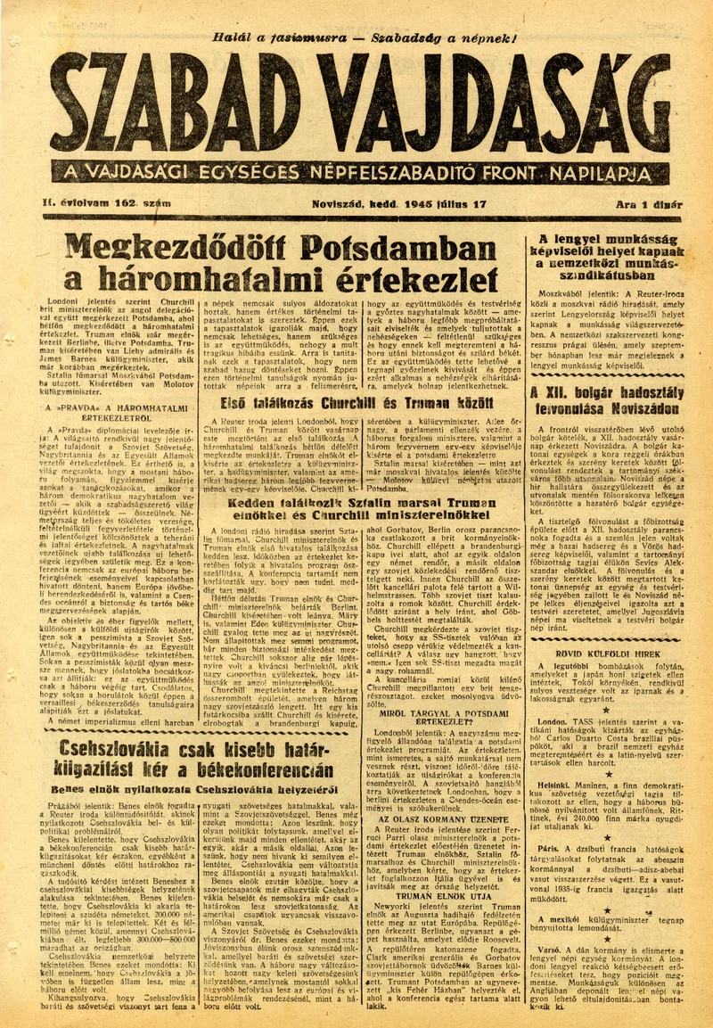 Szabad Vajdaság, 2. évf. 1945. július 17. 162. sz.