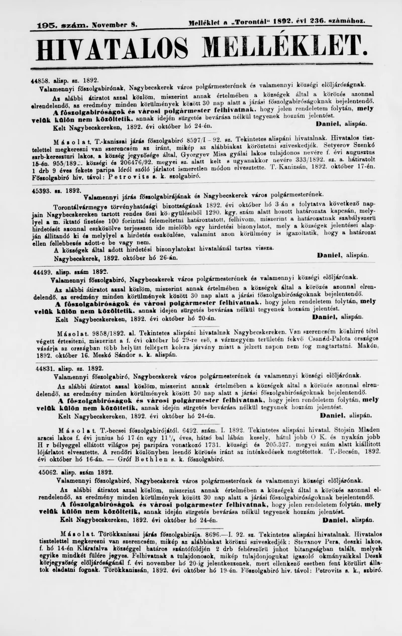 A Totontál  hivatalos melléklete, 5. évf. 1892. november 8. 195. sz.