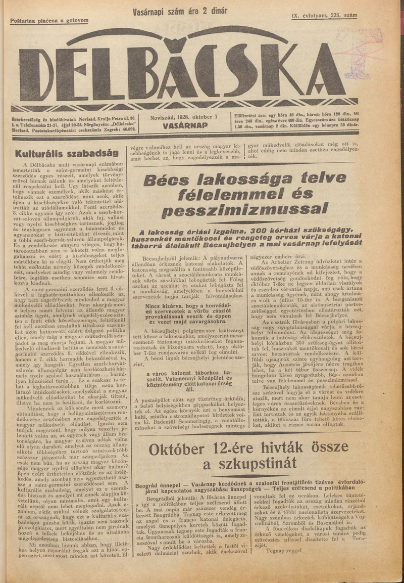 Délbácska, 9. évf. 1928. október 7. 235. sz.
