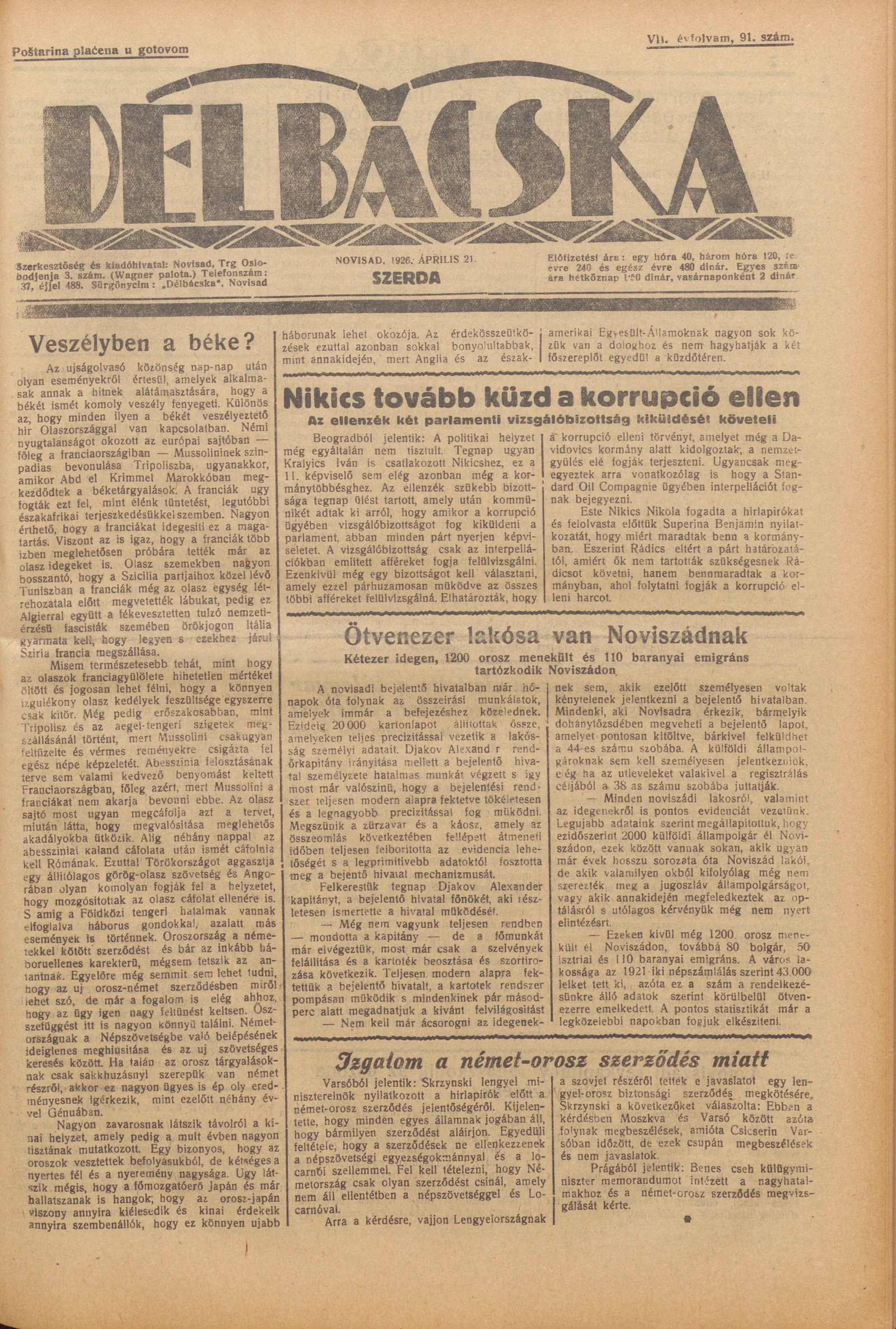 Délbácska, 7. évf. 1926. április 21. 91. sz.