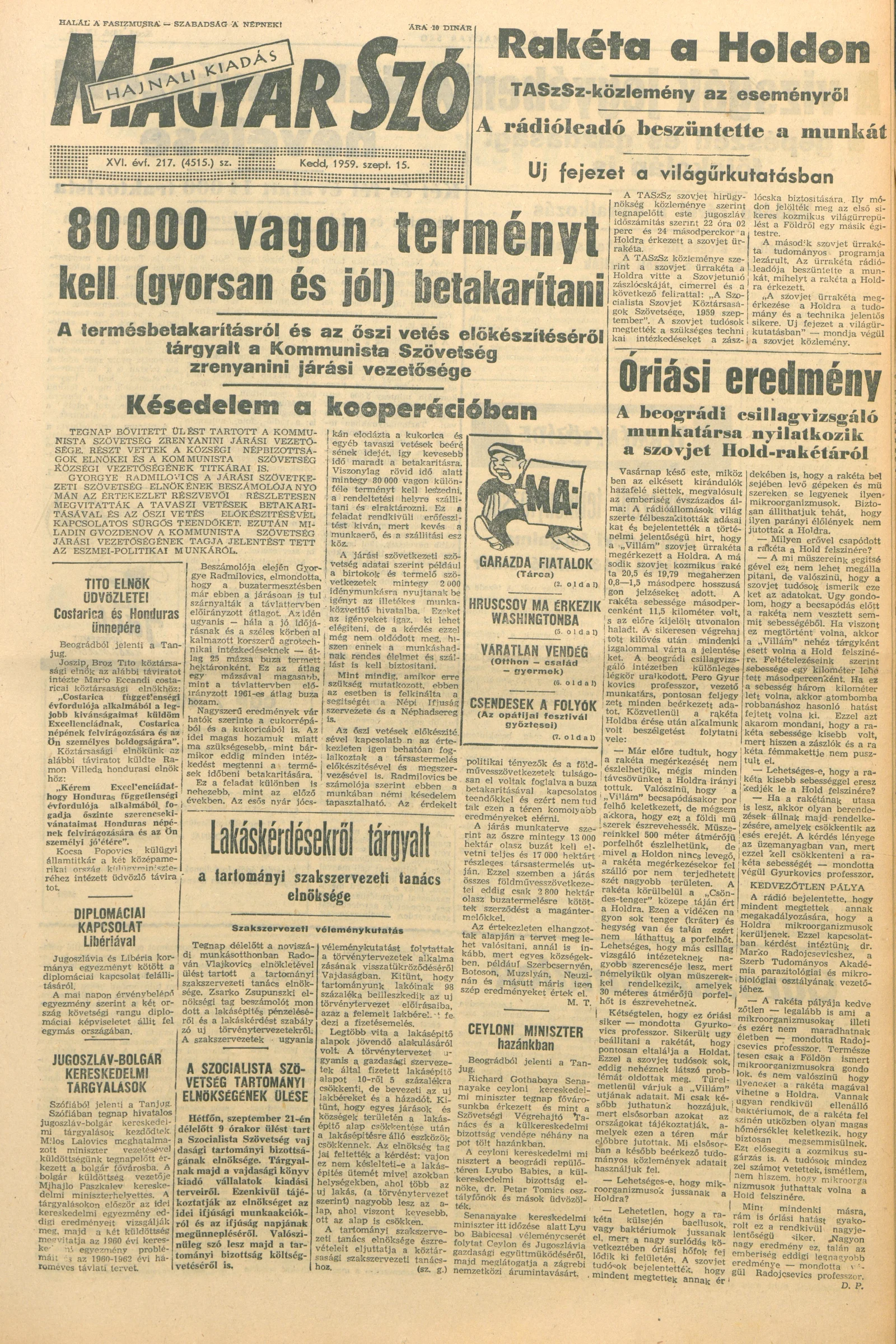 Magyar Szó, 16. évf. 1959. szeptember 15. 217. sz. 1–20. oldal