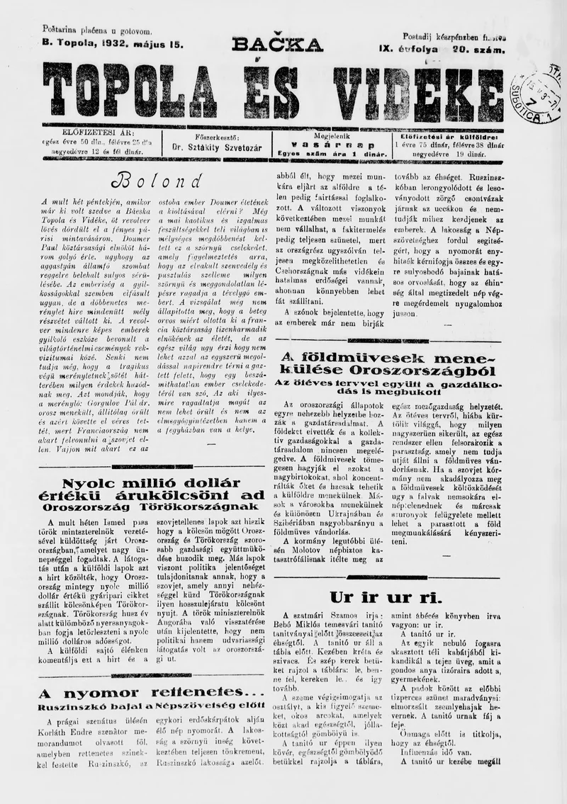 Bačka Topola és Vidéke, 9. évf. 1932. május 15. 20. sz.