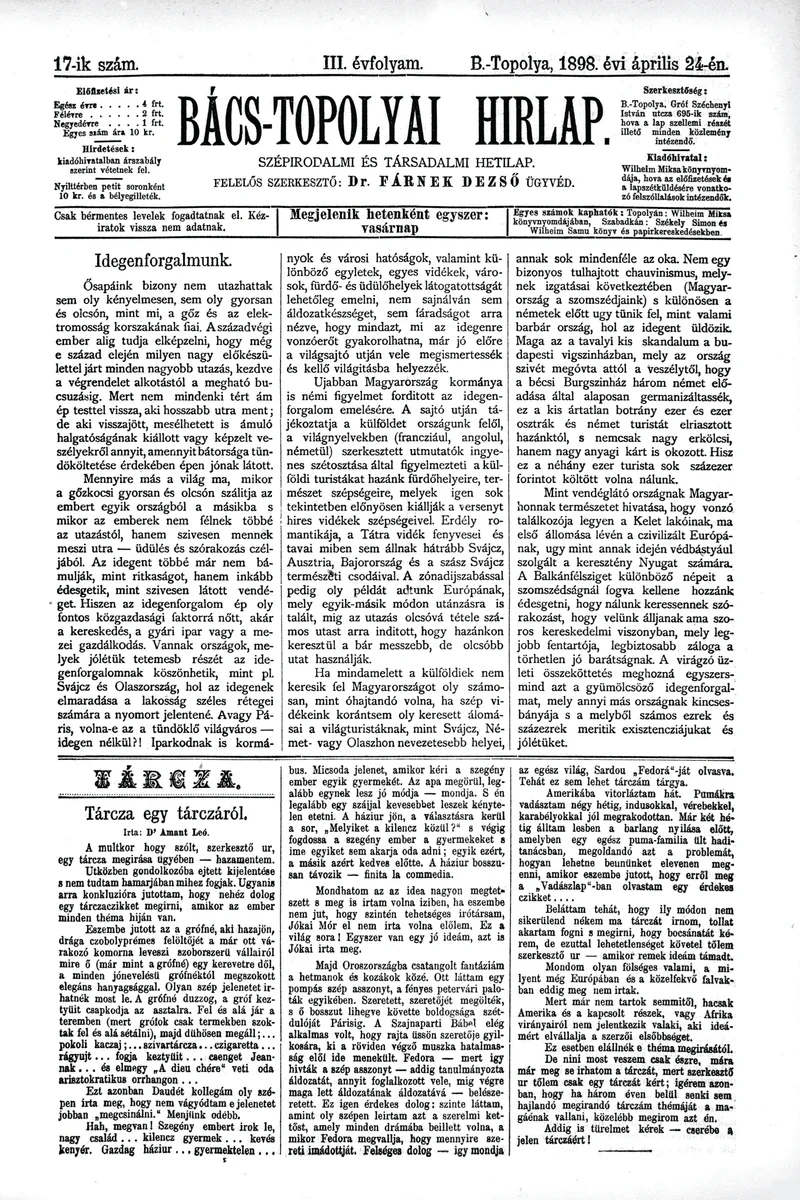 Bács-Topolyai Hirlap, 3. évf. 1898. április 24. 17. sz.
