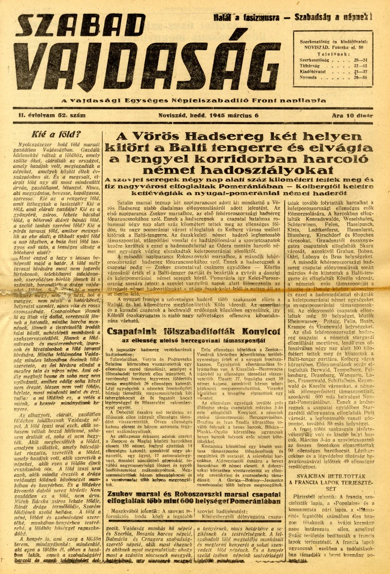 Szabad Vajdaság, 2. évf. 1945. március 6. 52. sz.