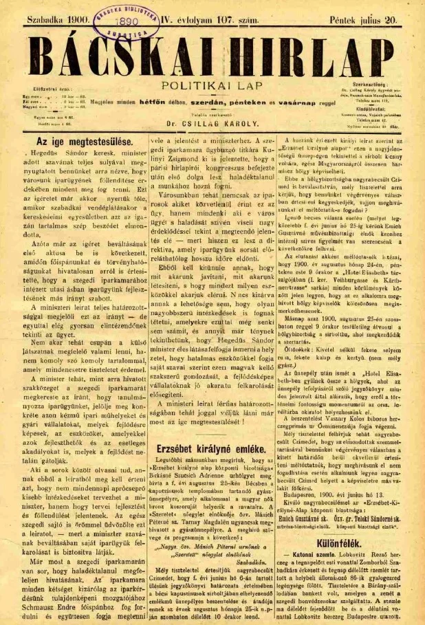 Bácskai Hirlap, 4. évf. 1900. július 20. 107. sz.