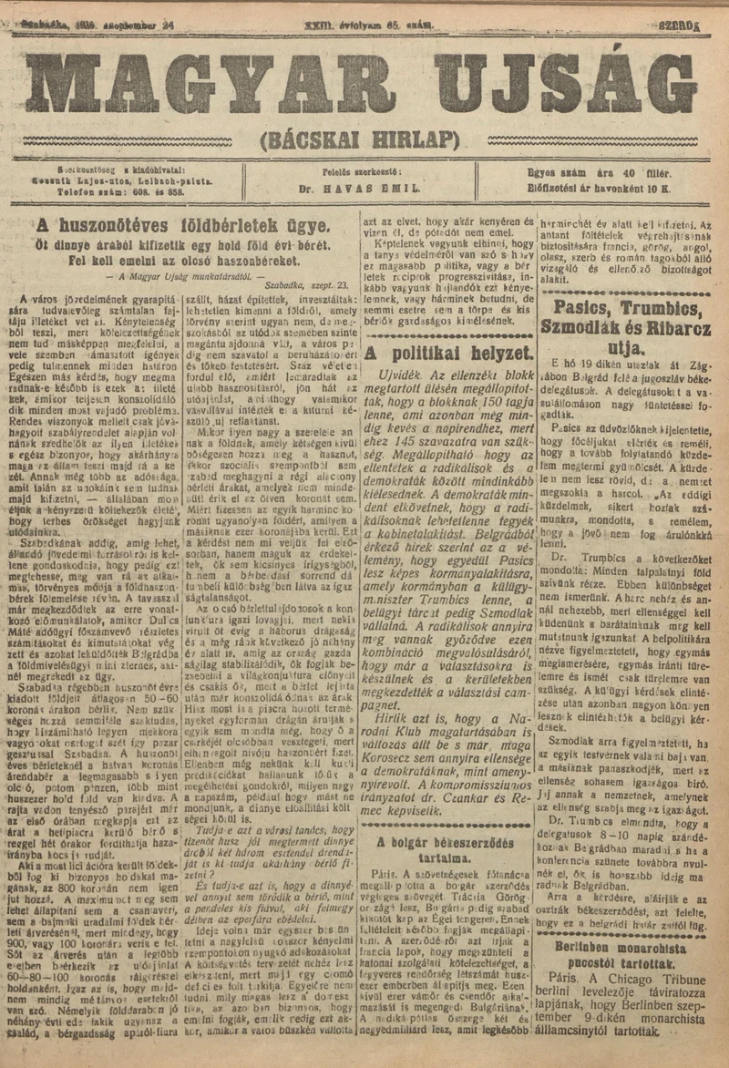 Bácskai Hirlap, 23. évf. 1919. szeptember 24. 85. sz.