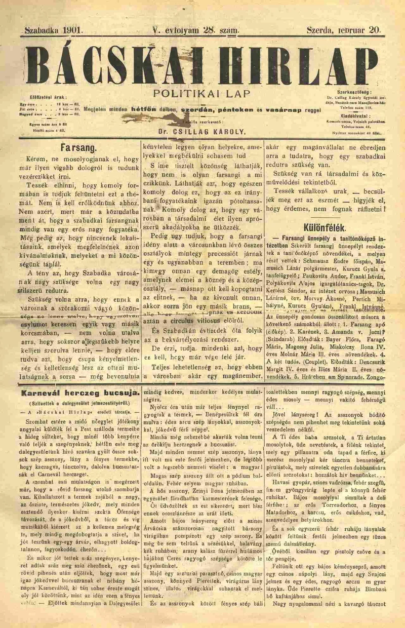 Bácskai Hirlap, 5. évf. 1901. február 20. 28. sz.