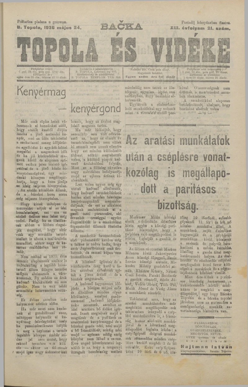 Bačka Topola és Vidéke, 13. évf. 1936. május 24. 21. sz.
