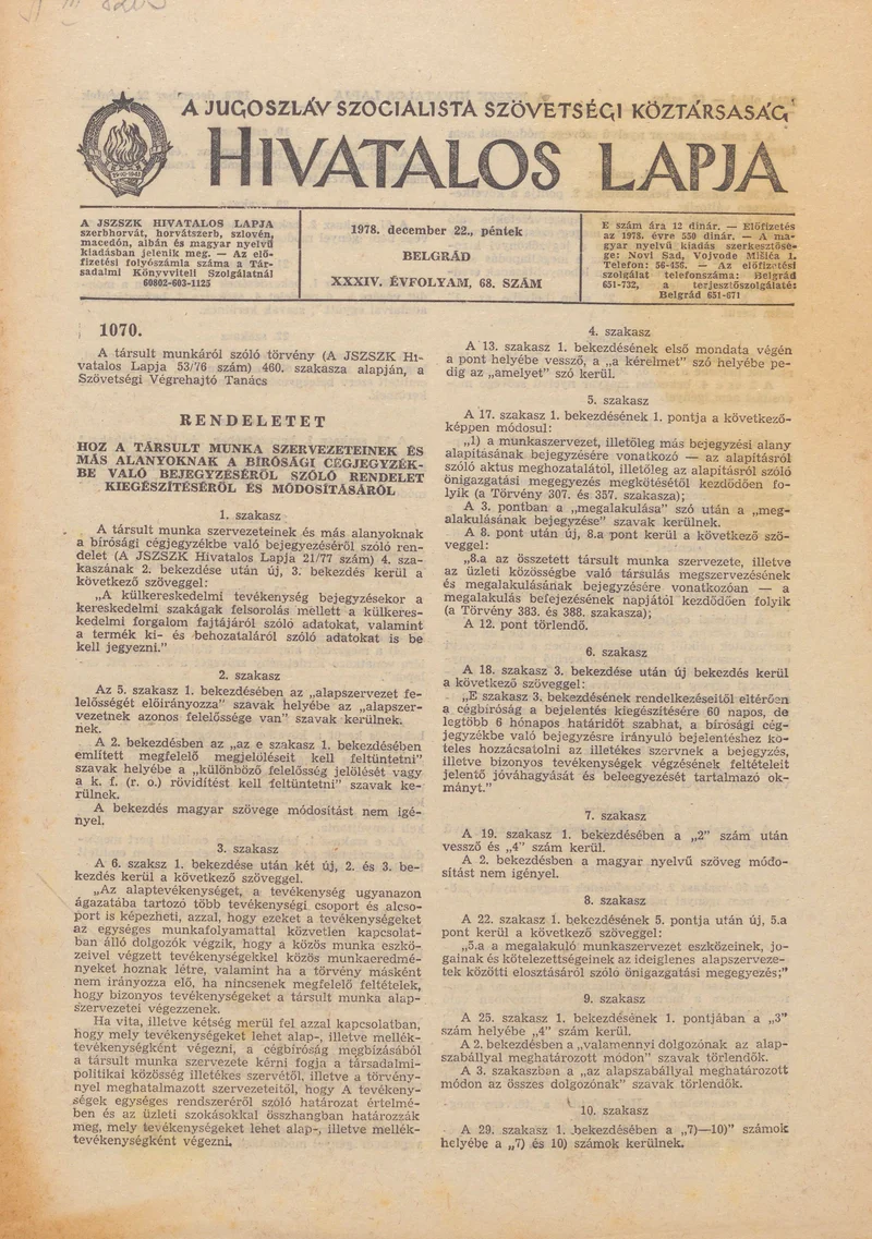A Jugoszláv Szocialista Szövetségi Köztársaság Hivatalos Lapja, 34. évf. 1978. december 22. 68. sz. 2613–2660. oldal