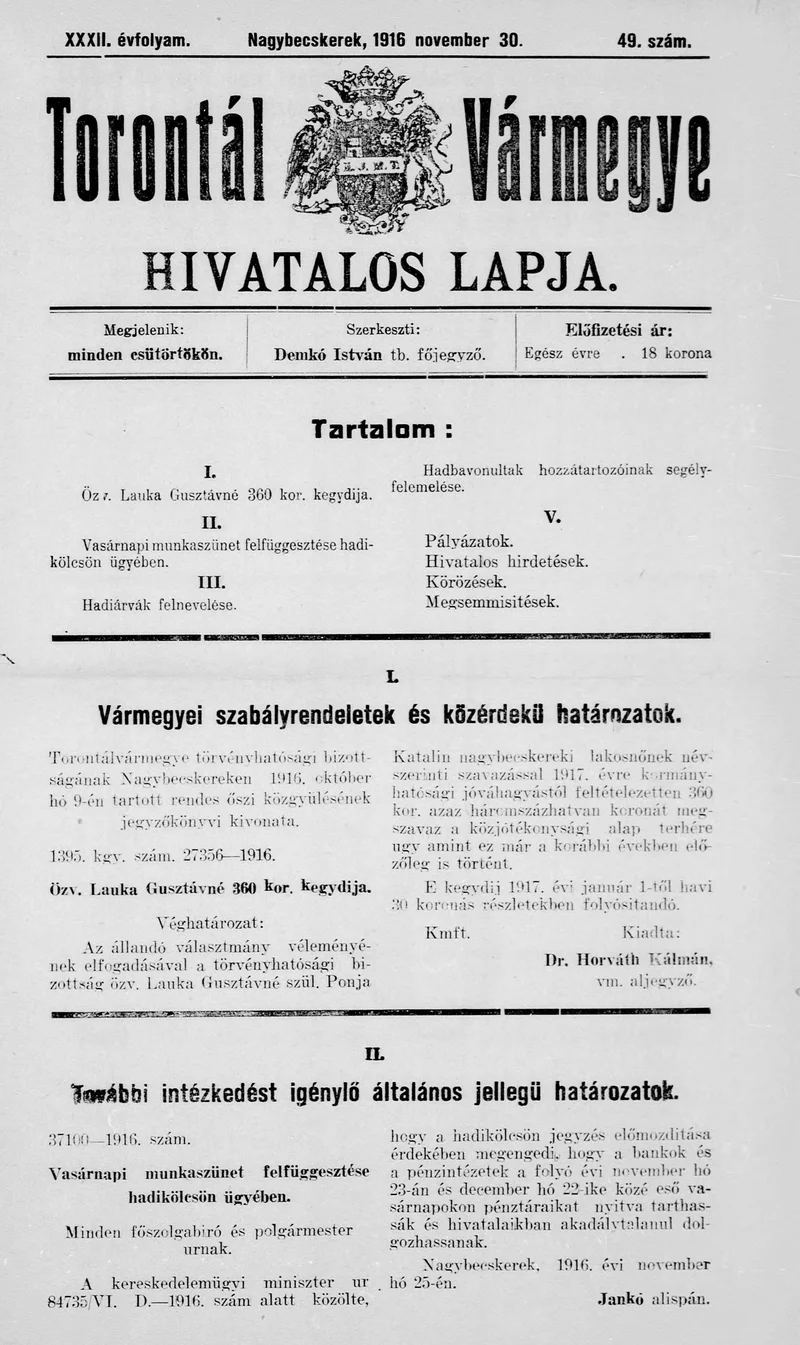 Torontál Vármegye Hivatalos Lapja, 32. évf. 1916. november 30. 49. sz.