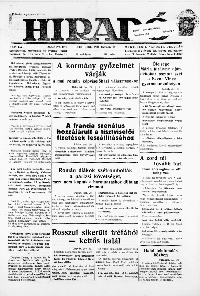Híradó, 62. évf. 1933. december 21. 298. sz.