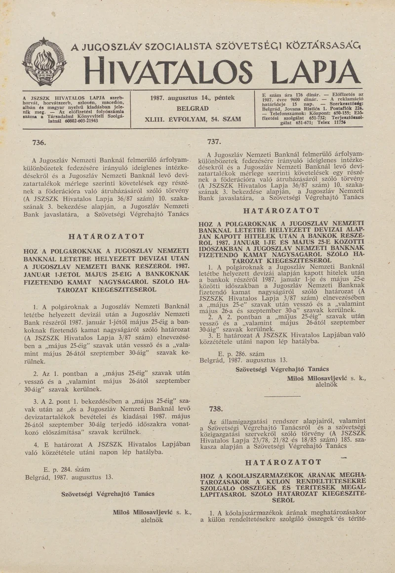 A Jugoszláv Szocialista Szövetségi Köztársaság Hivatalos Lapja, 43. évf. 1987. augusztus 14. 54. sz. 1345–1360. oldal