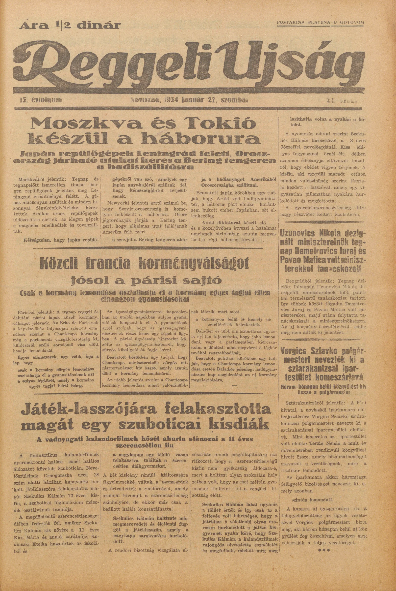 Reggeli Újság, 15. évf. 1934. január 27. 22. sz.