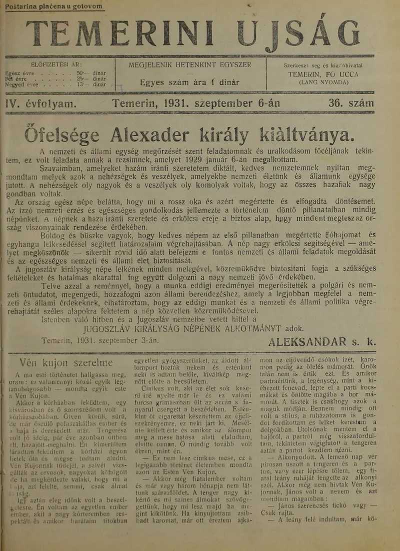 Temerini Újság 1928-1944, 4. évf. 1931. szeptember 6. 36. sz.