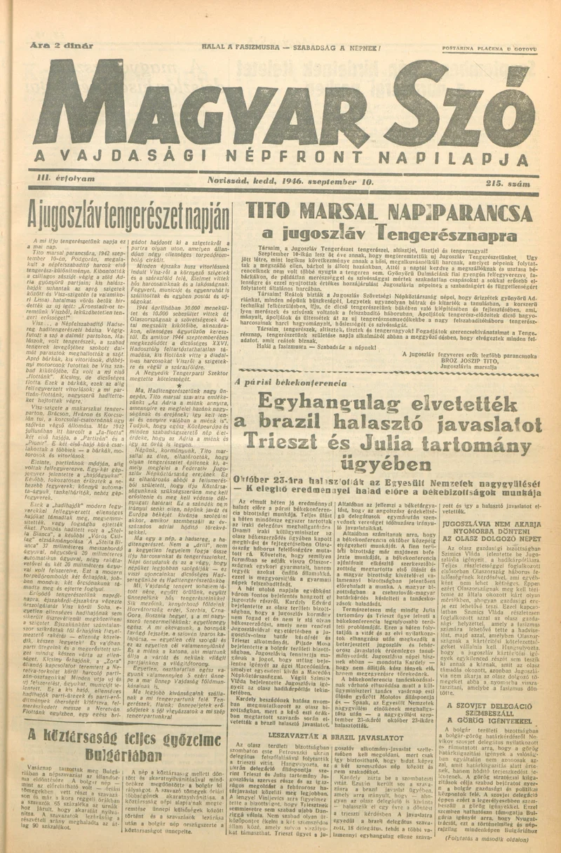Magyar Szó, 3. évf. 1946. szeptember 10. 215. sz. 1–6. oldal