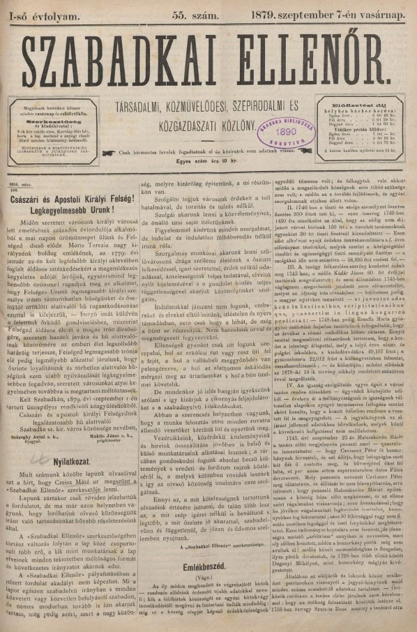 Szabadkai Ellenőr, 1. évf. 1879. szeptember 7. 55. sz.