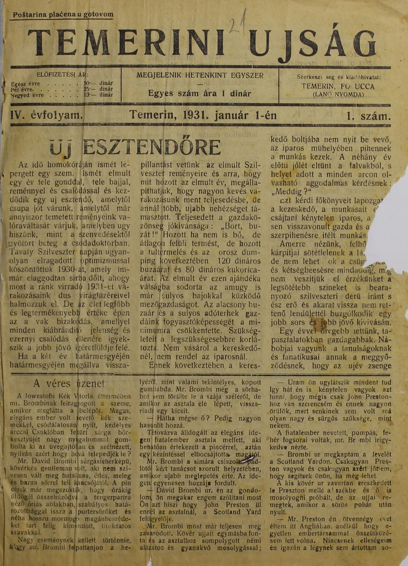 Temerini Újság 1928-1944, 4. évf. 1931. január 1. 1. sz.