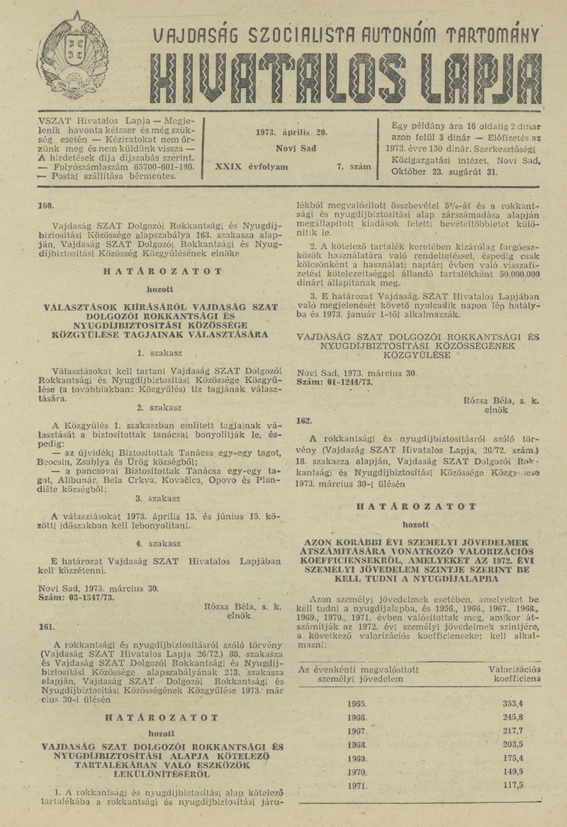 Vajdaság Szocialista Autonóm Tartomány Hivatalos Lapja, 29. évf. 1973. április 20. 7. sz. 105–108. oldal