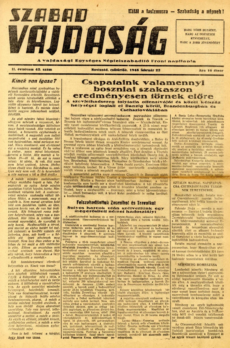Szabad Vajdaság, 2. évf. 1945. február 22. 42. sz.