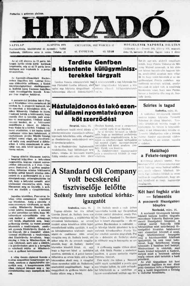 Híradó, 61. évf. 1932. március 17. 63. sz.