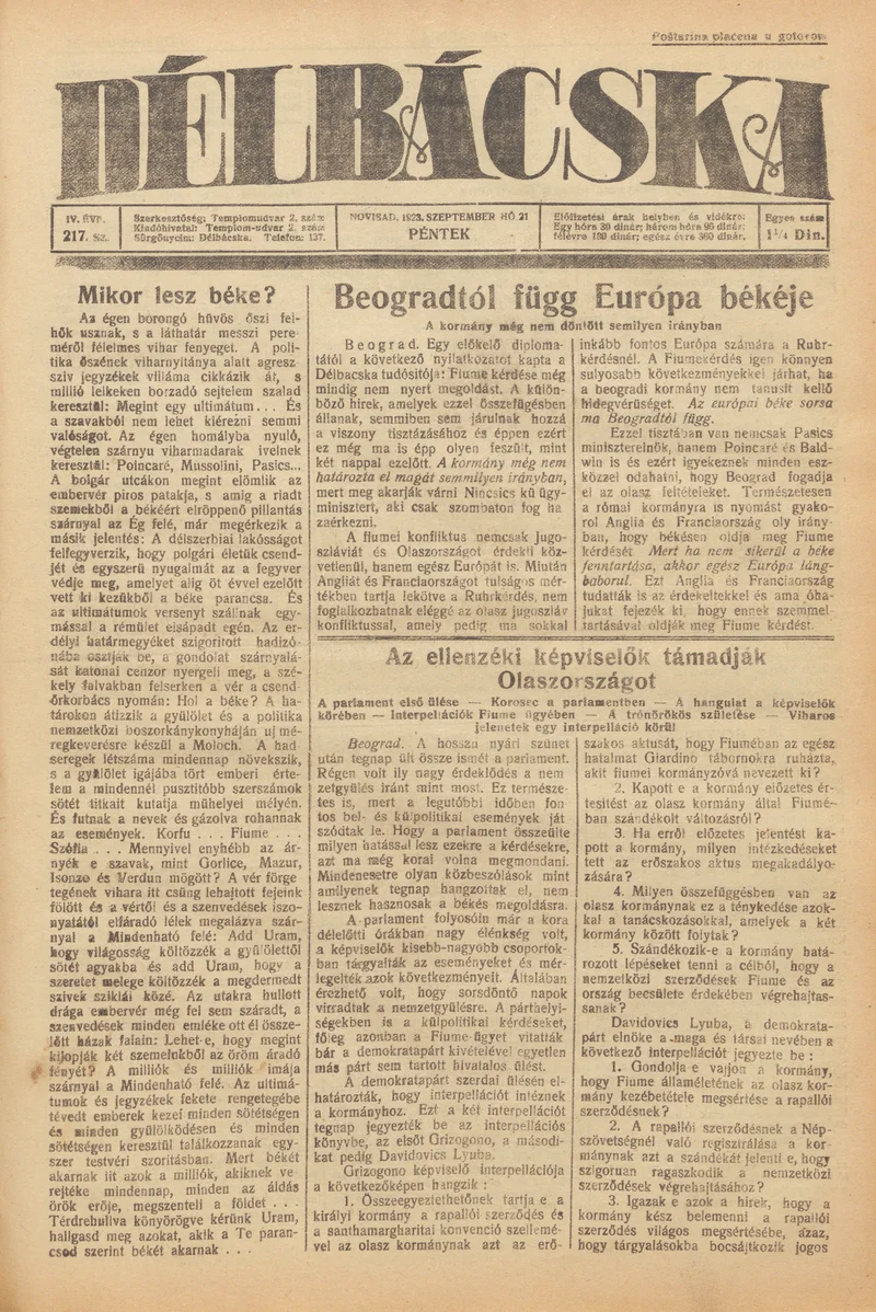 Délbácska, 4. évf. 1923. szeptember 21. 217. sz.