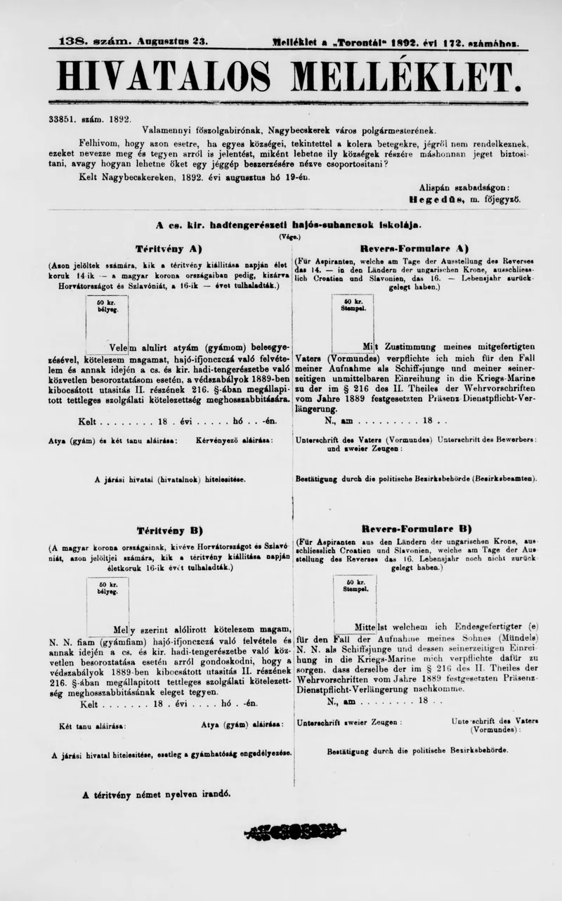 A Totontál  hivatalos melléklete, 5. évf. 1892. augusztus 23. 138. sz.