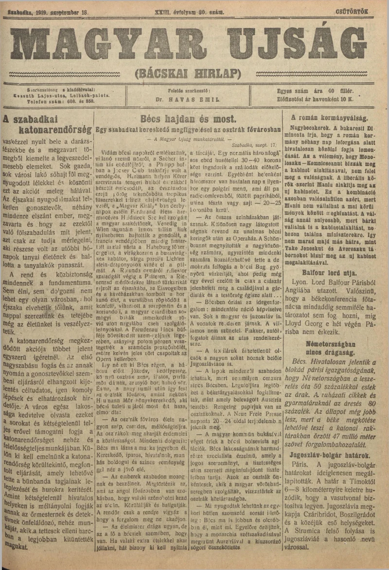 Bácskai Hirlap, 23. évf. 1919. szeptember 18. 80. sz.