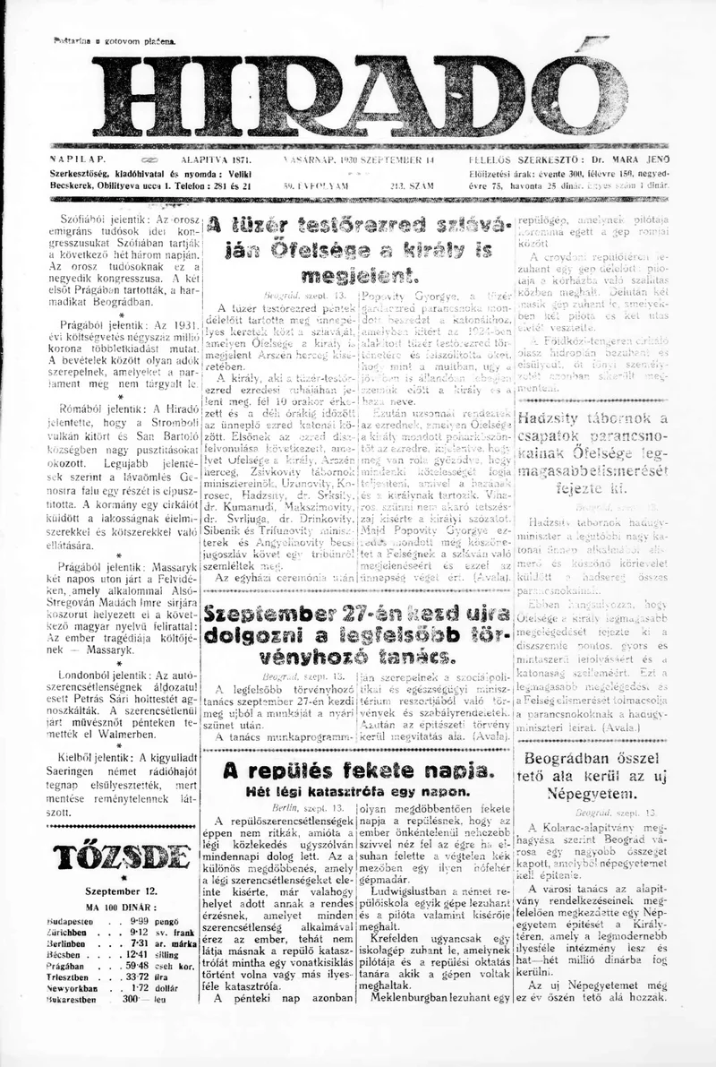Híradó, 59. évf. 1930. szeptember 14. 213. sz.