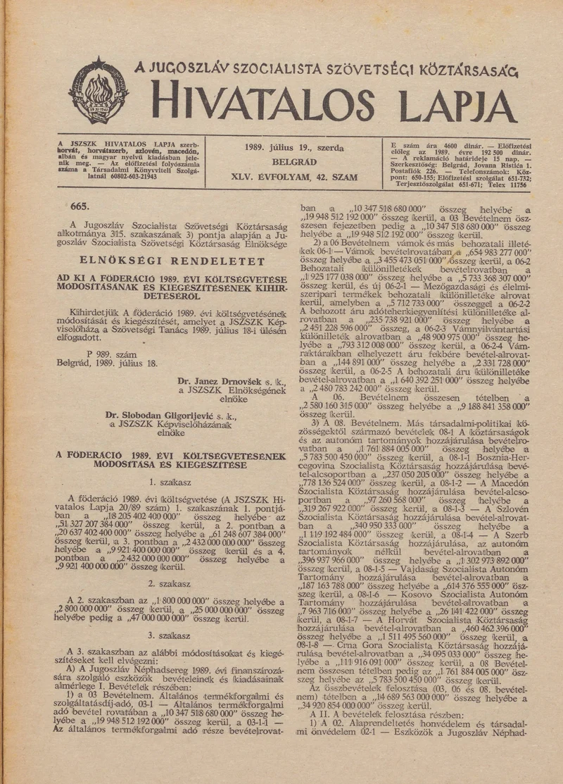 A Jugoszláv Szocialista Szövetségi Köztársaság Hivatalos Lapja, 45. évf. 1989. július 19. 42. sz. 1101–1124. oldal