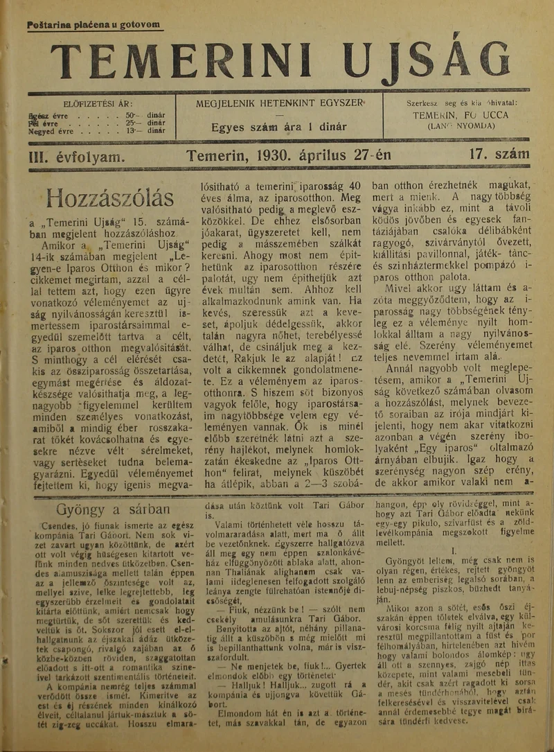 Temerini Újság 1928-1944, 3. évf. 1930. április 27. 17. sz.